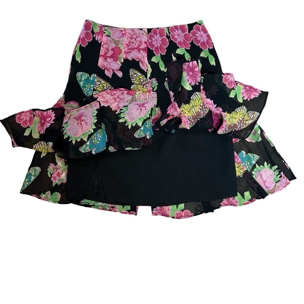 Karen Kane Flowers & Butterflies in Black Print Silk Open Panel Skirt - Picture 3 of 15